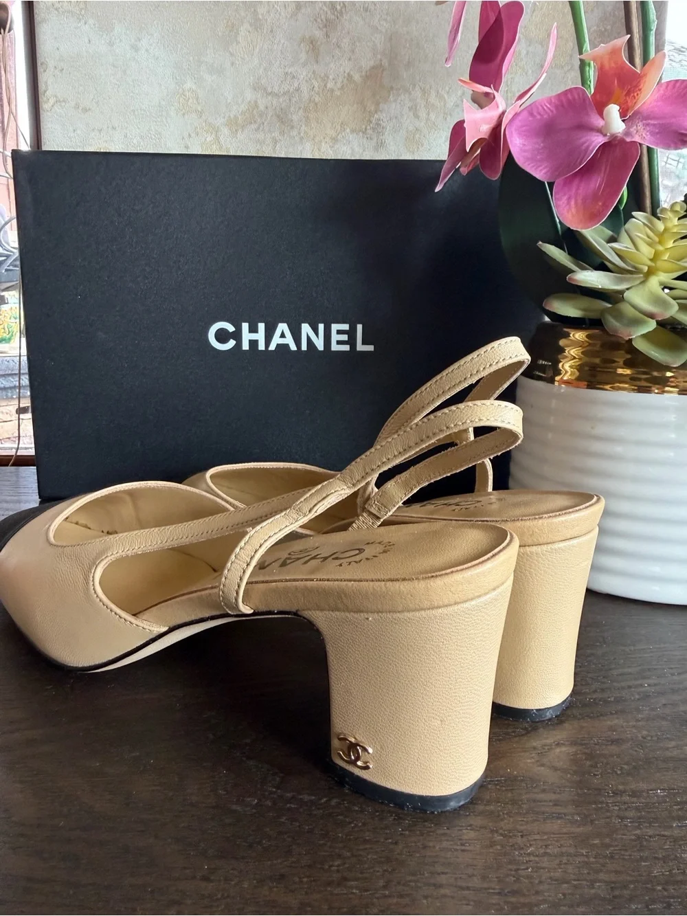 CHANEL Beige Leather Slingback Pumps with Black Cap Toe